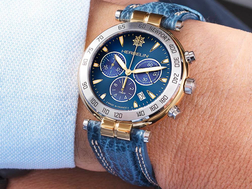 Montre à Quartz Herbelin Newport, PVD Or, Bleu, 40 mm, Chronographe, 37654T35