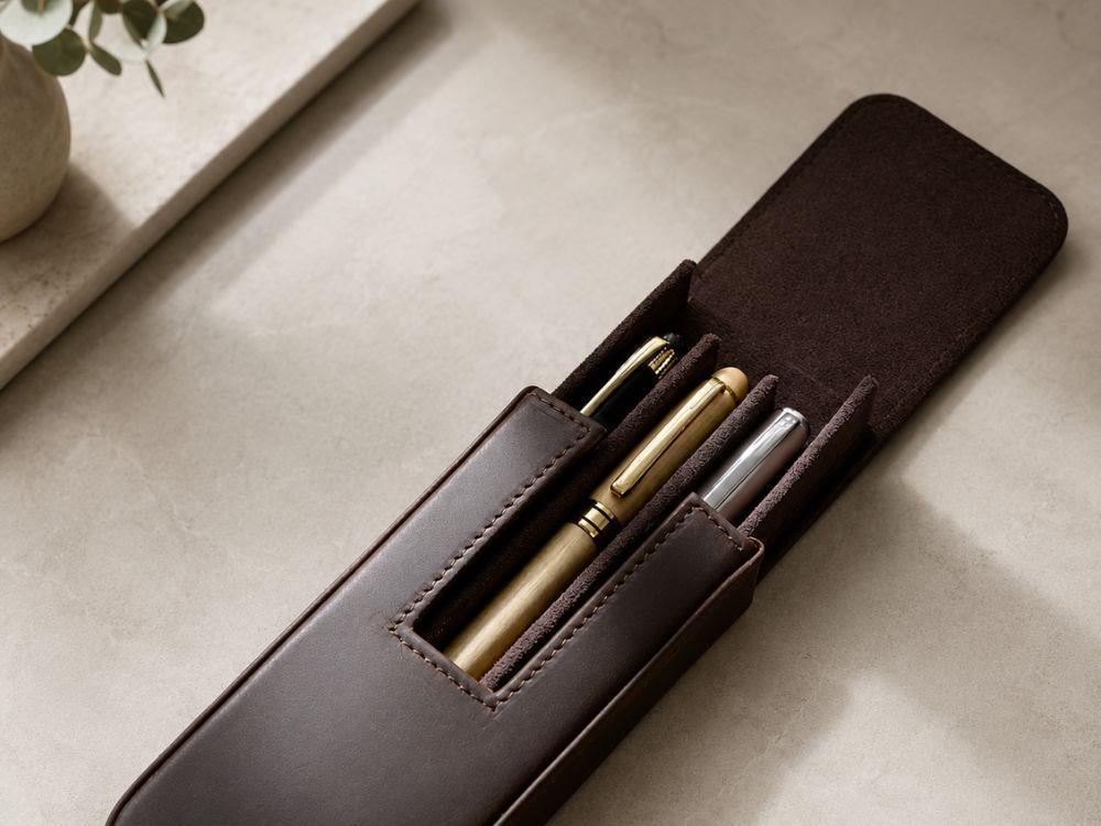Étui à stylos Iguana Cuir Marron pour 3 articles d'écriture, PEN-CASE-BROWN-3