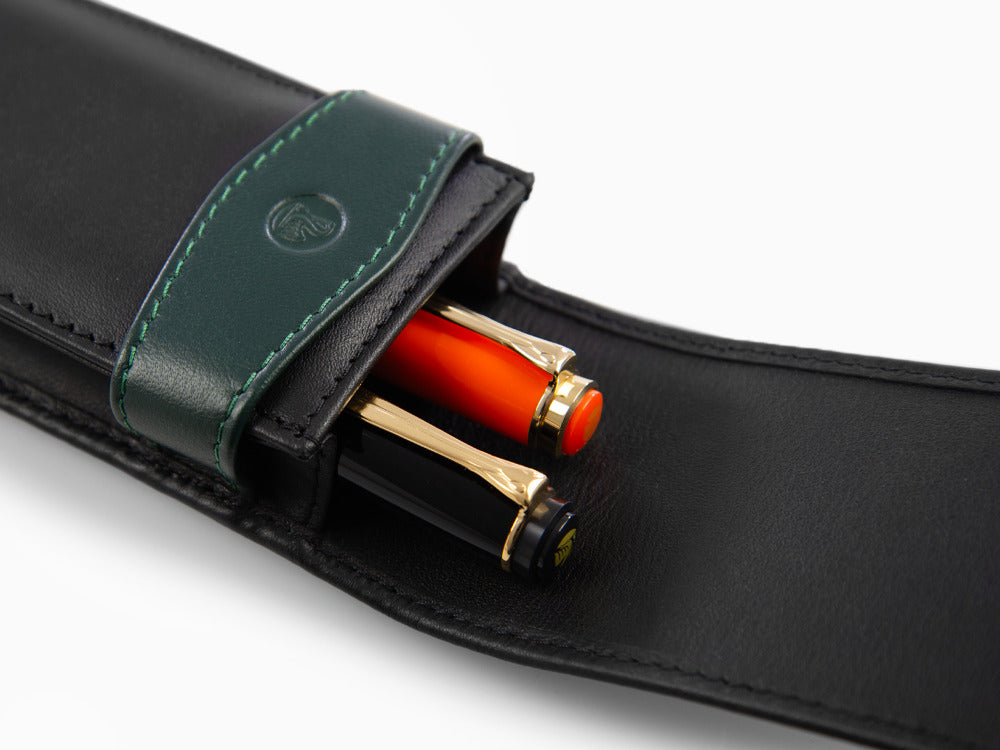 Étui Stylo 3 pièces Pelikan, Cuir, Noir-Vert, Doux, Barrette, 924092