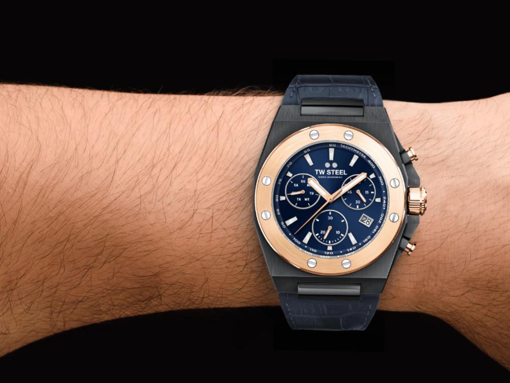 Montre à Quartz TW Steel Ceo Tech, Bleu, 45 mm, Bracelet en cuir, 10 atm, CE4086