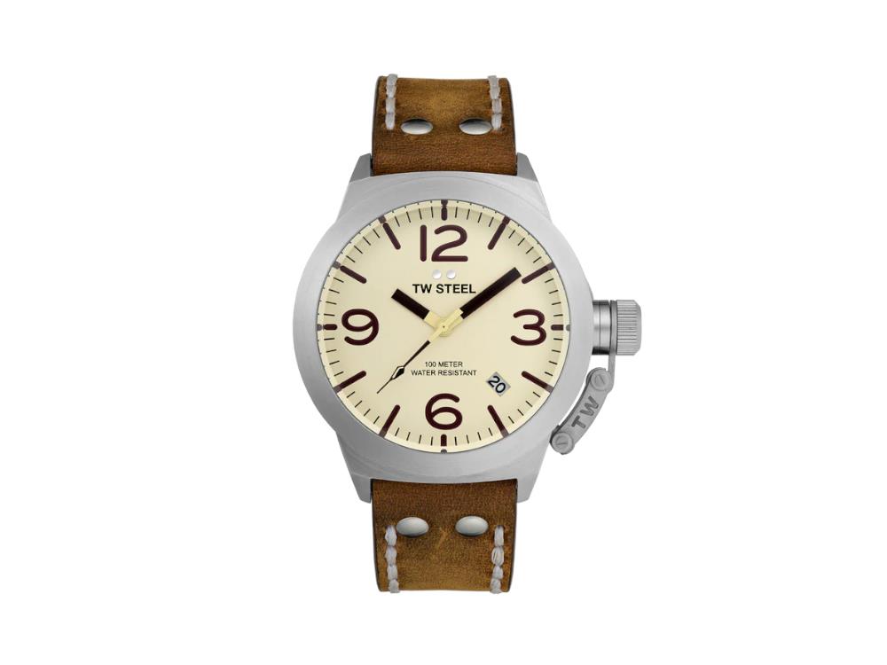 Montre à Quartz TW Steel Classic Canteen, Beige, 45 mm, Cuir, 10 atm, CS100