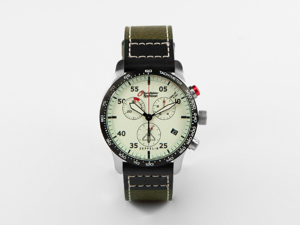 Montre à Quartz Zeppelin Eurofighter, Blanc, Jour, Bracelet en cuir, 7298-5