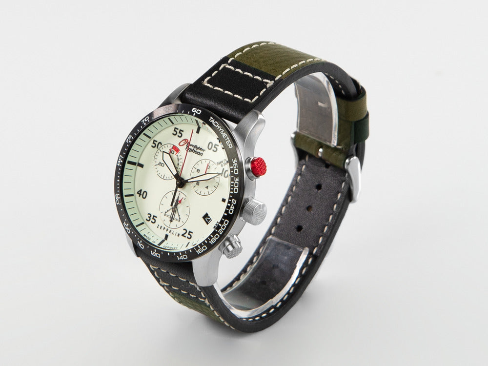 Montre à Quartz Zeppelin Eurofighter, Blanc, Jour, Bracelet en cuir, 7298-5