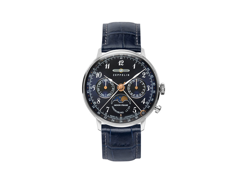 Montre à Quartz Zeppelin LZ 129 Hindenburg Moonphase Lady, Bleu, 36 mm, 7037-3