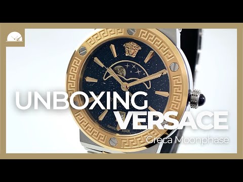 Montre à Quartz Versace Greca Logo Moonphase, PVD Or, Bleu, 38 mm, VE7G00223