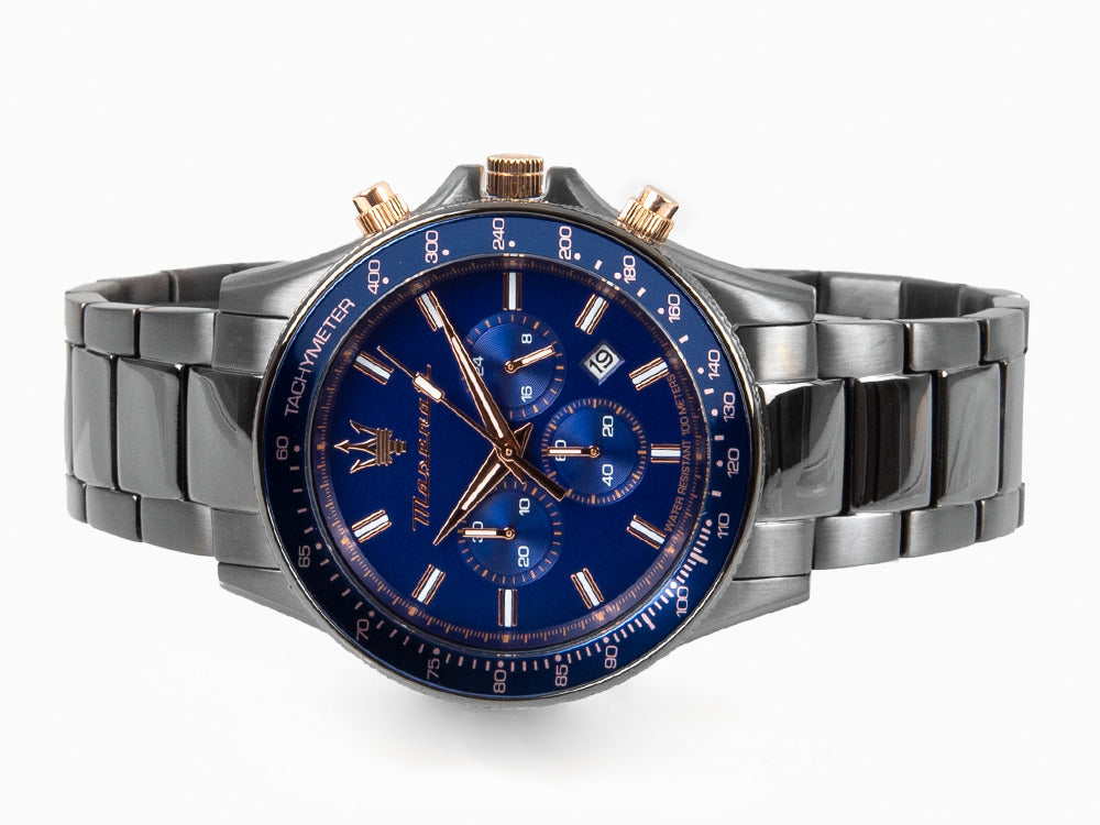 Montre à Quartz Maserati Sfida, PVD Gun Metal, Bleu, 44 mm, R8873640001