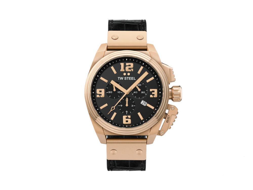 Montre à Quartz TW Steel Canteen, Noir, 46 mm, Bracelet en cuir, 10 atm, TW1014