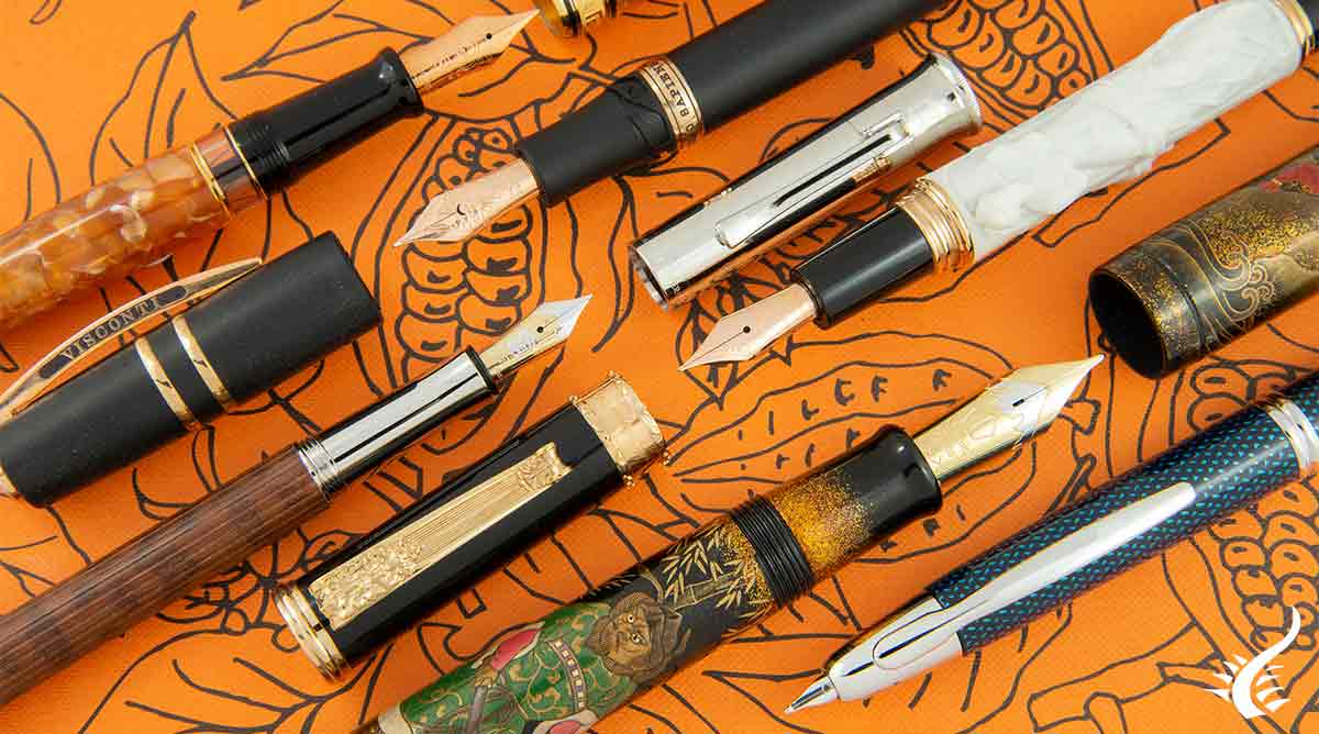 Stylo plume en bois, ebonite, auroloide, fibre de carbone, lave basaltique