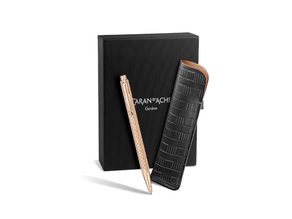 Stylo bille Caran d'Ache Ecridor Damier & Étui en Cuir Noir, Or Rose, 8902.567