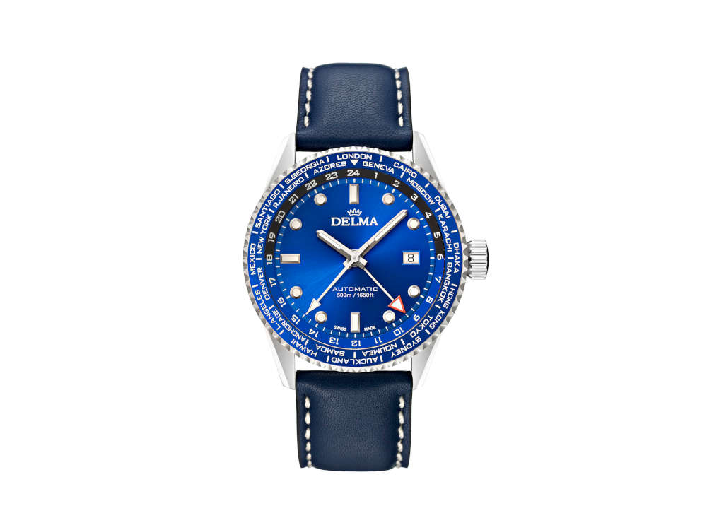 Montre Automatique Delma Diver Cayman Worldtimer, Bleu, 42 mm, 41601.710.6.041