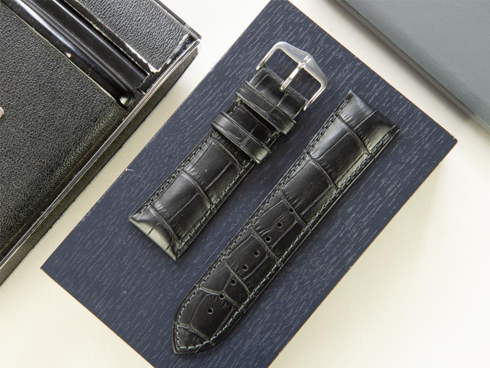 Bracelet Hirsch Cuir gaufré exotique, Cuir de Veau, Noir, 24 mm, 01028050-2-24