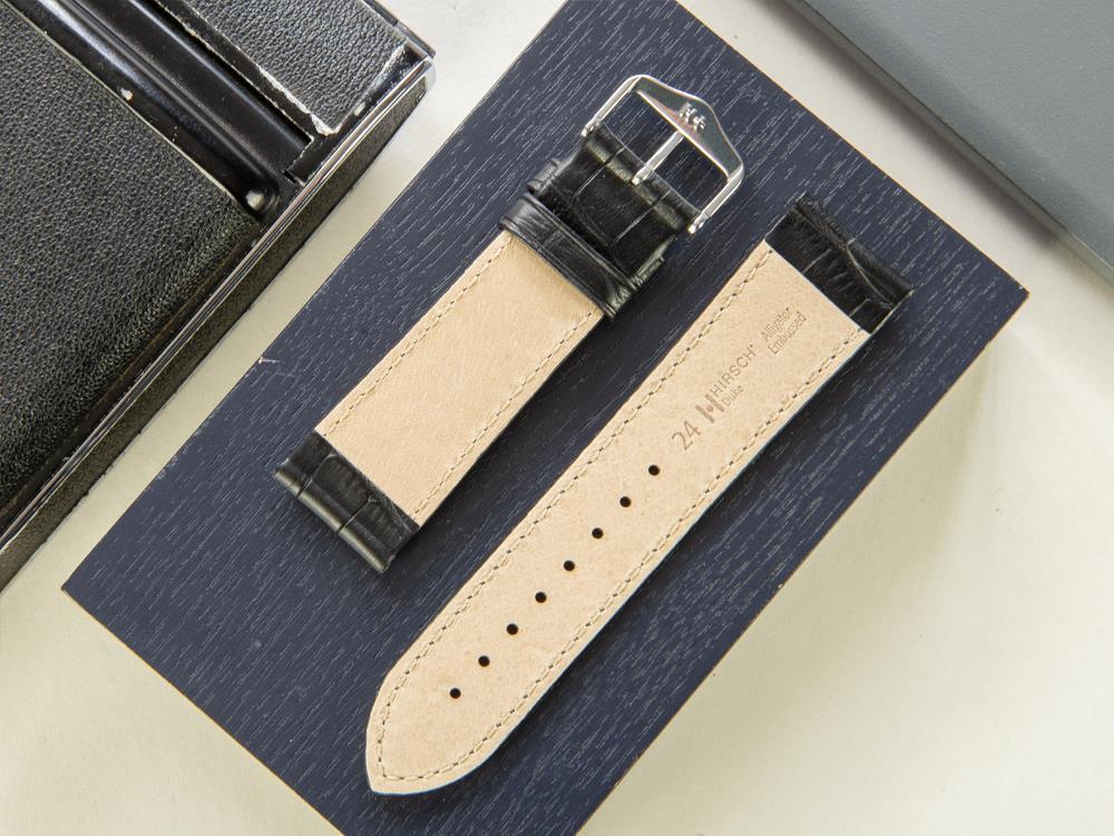 Bracelet Hirsch Cuir gaufré exotique, Cuir de Veau, Noir, 24 mm, 01028050-2-24