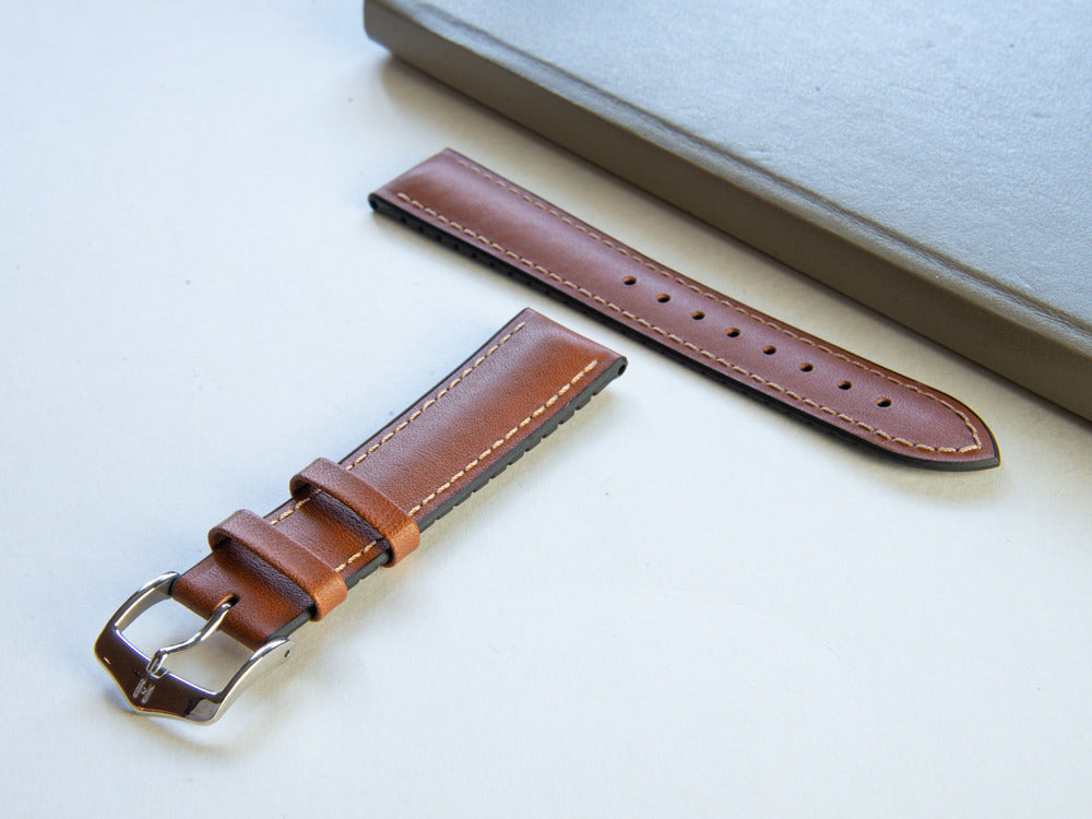 Bracelet Hirsch Cuir de veau, Marron Heavy Calf, Blanc, 22 mm, 01475010-2-22