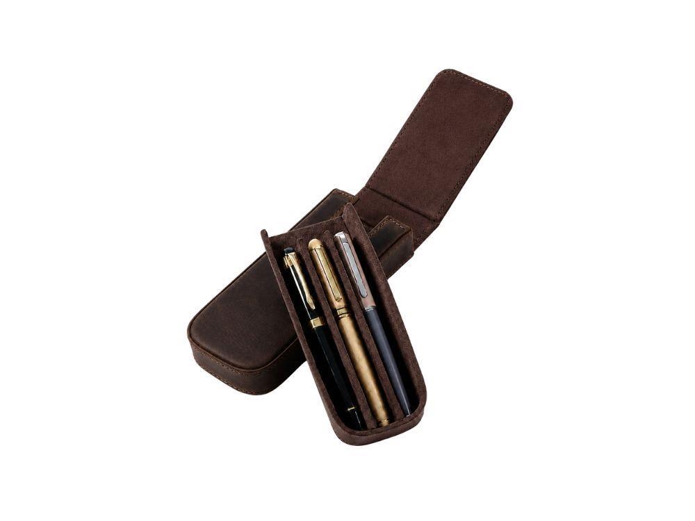 Étui à stylos Iguana Cuir Marron pour 3 articles d'écriture, PEN-CASE-BROWN-3