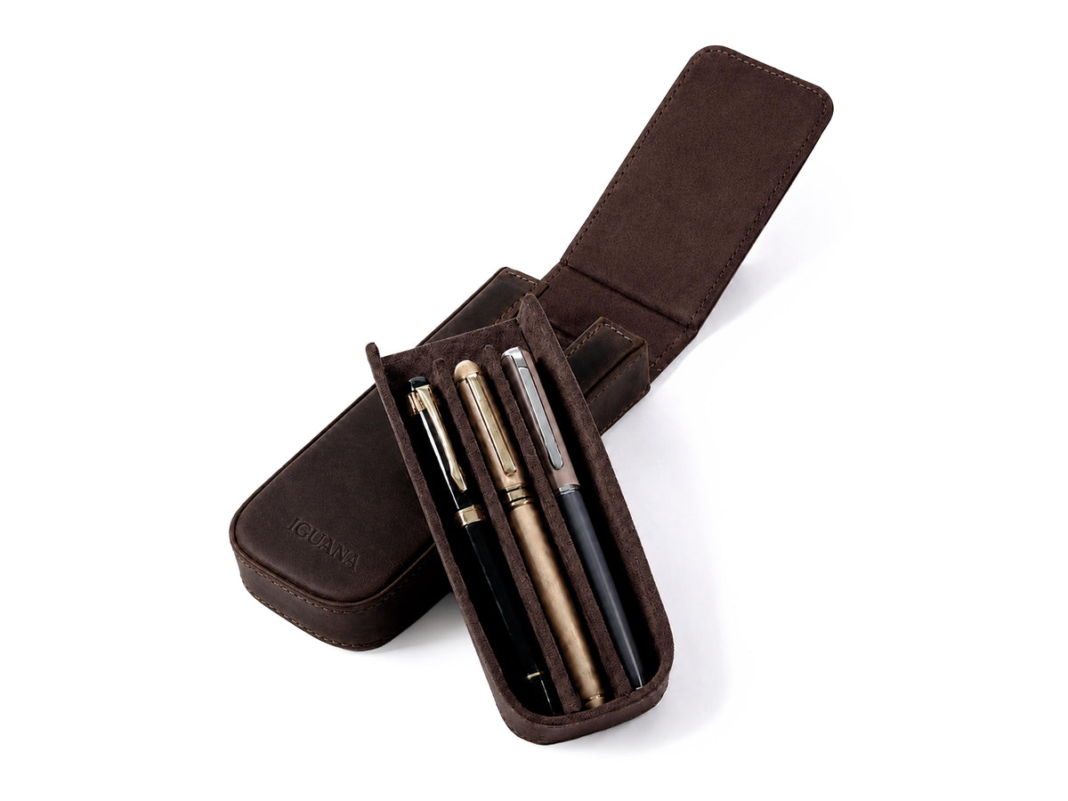 Étui à stylos Iguana Cuir Marron pour 3 articles d'écriture, PEN-CASE-BROWN-3