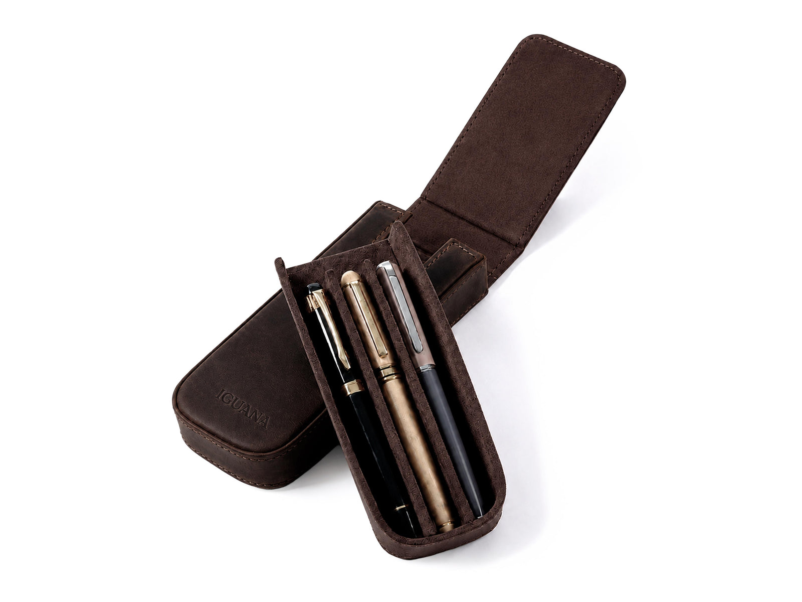 Étui à stylos Iguana Cuir Marron pour 3 articles d'écriture, PEN-CASE-BROWN-3