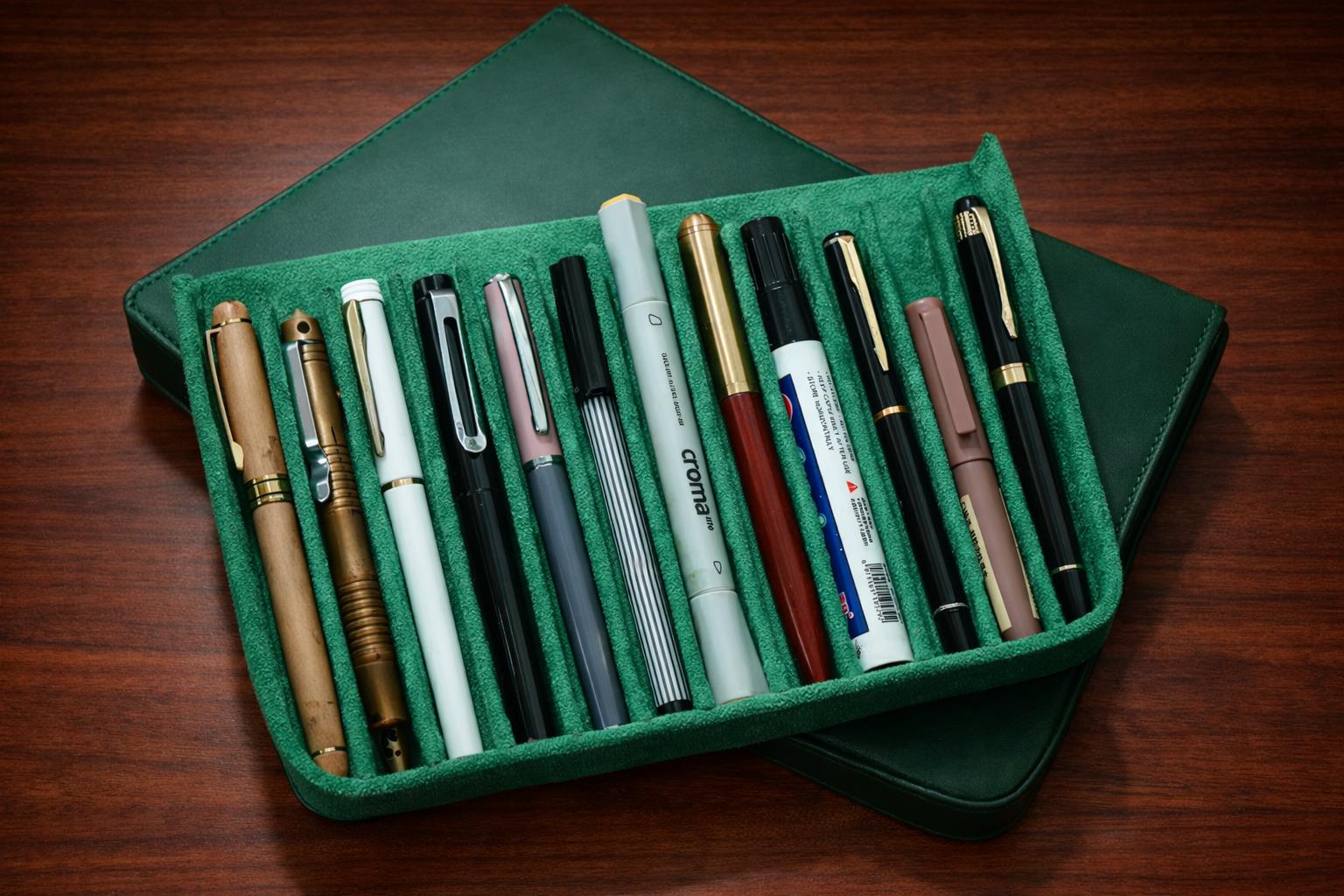 Étui à stylos Iguana Vert, 12 Pièces d'écriture