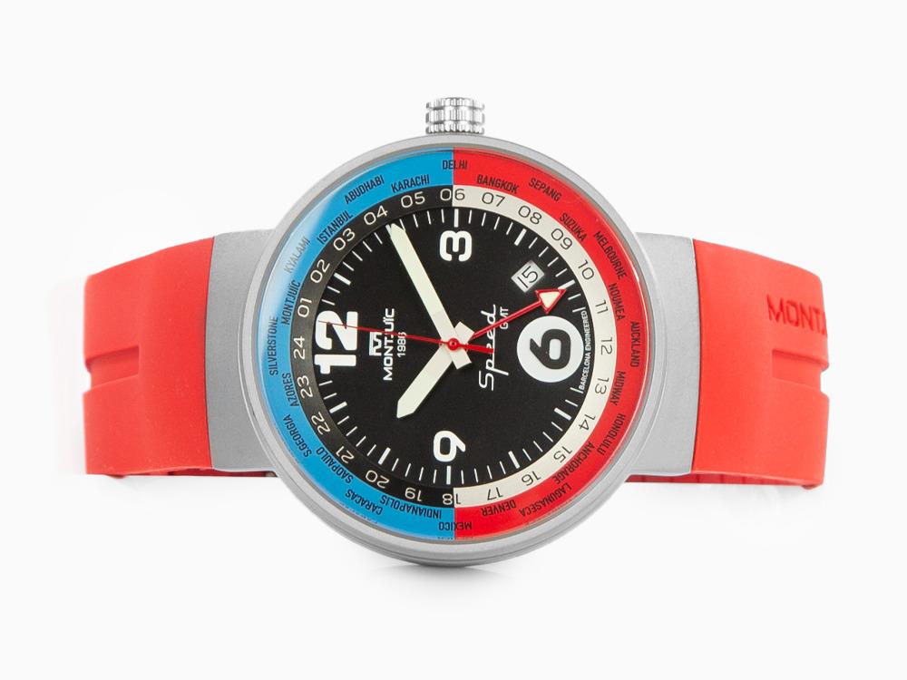 Montre à Quartz Montjuic Speed GMT, Acier Inoxydable, Noir, 43 mm, MJ3.0203.S