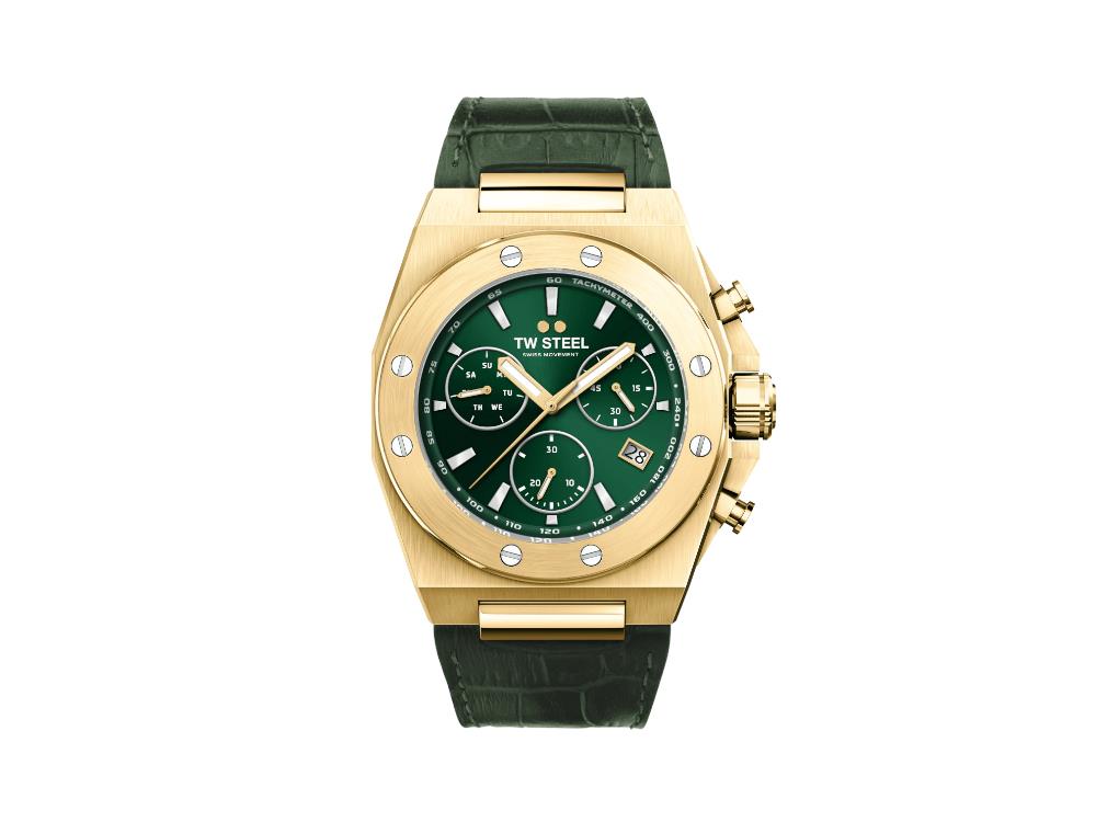 Montre à Quartz TW Steel Ceo Tech, Vert, 45 mm, Bracelet en cuir, 10 atm, CE4085