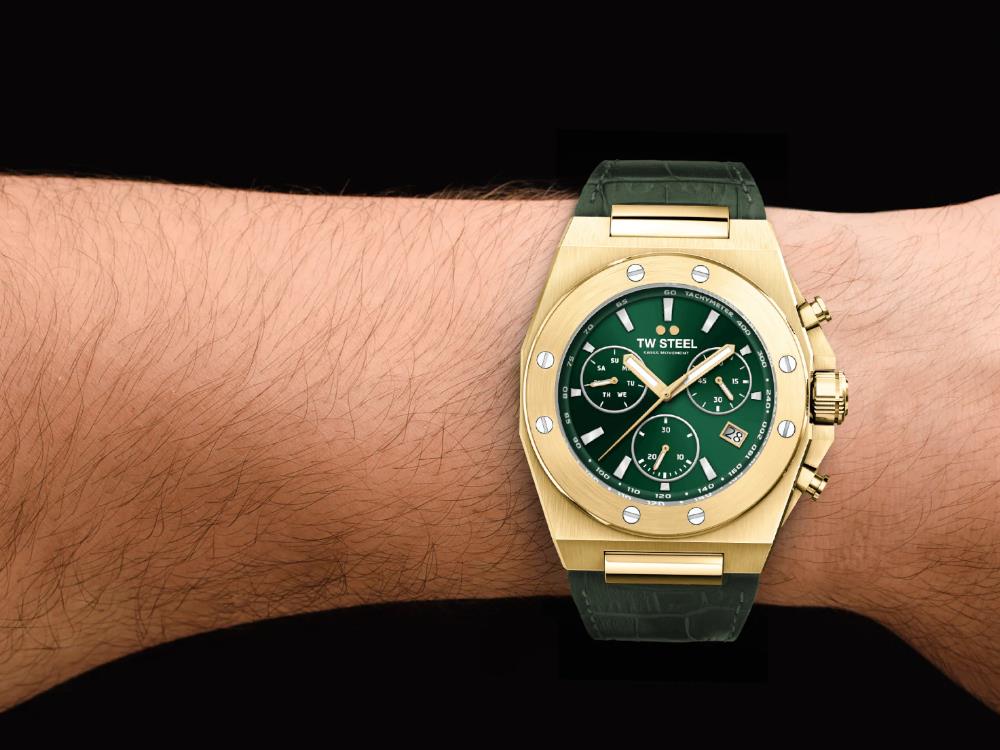 Montre à Quartz TW Steel Ceo Tech, Vert, 45 mm, Bracelet en cuir, 10 atm, CE4085