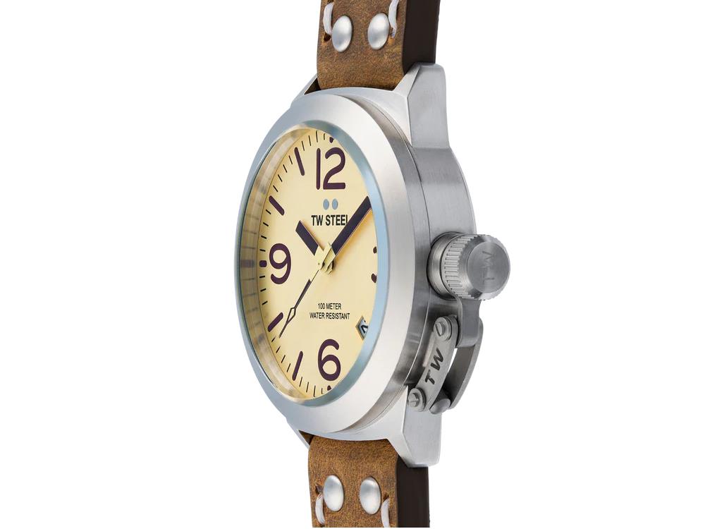 Montre à Quartz TW Steel Classic Canteen, Beige, 45 mm, Cuir, 10 atm, CS100