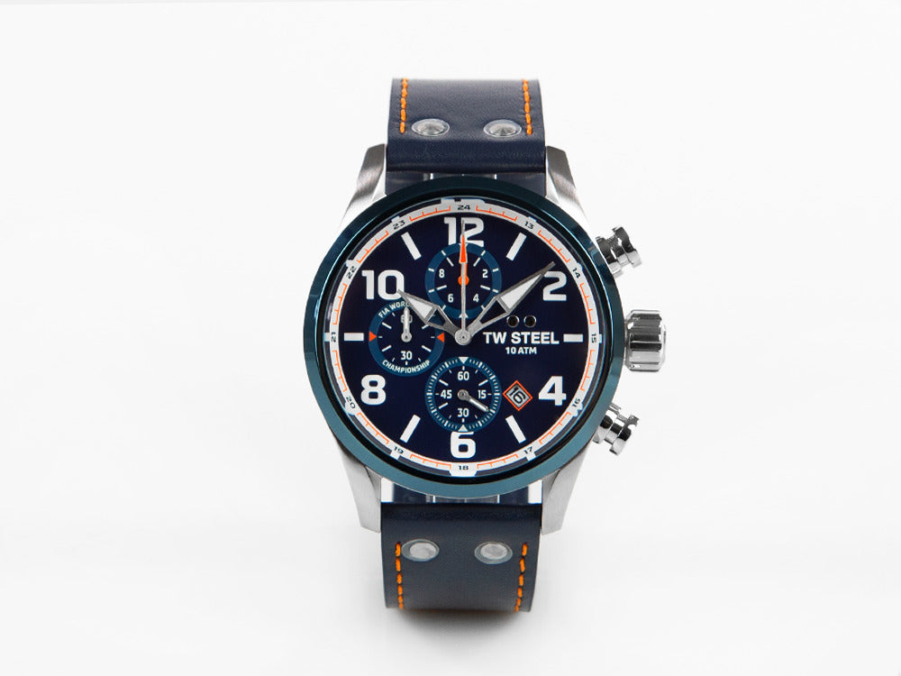 Montre à Quartz TW Steel WRC, Bleu, 48 mm, Bracelet en cuir, 10 atm, VS90