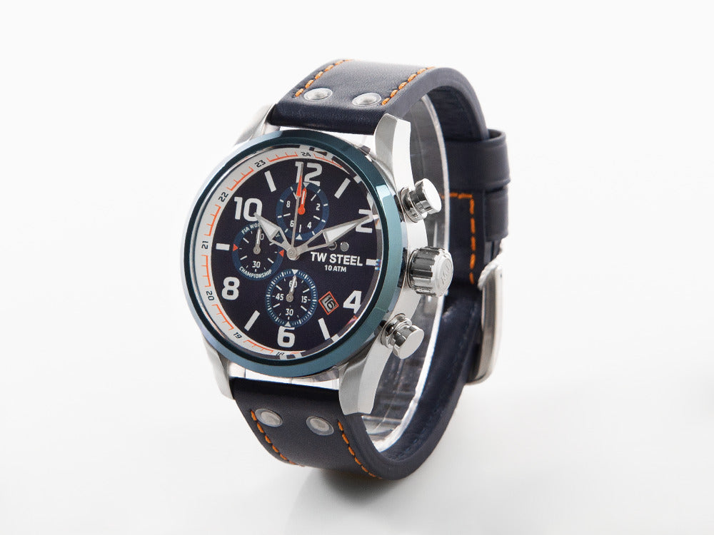 Montre à Quartz TW Steel WRC, Bleu, 48 mm, Bracelet en cuir, 10 atm, VS90