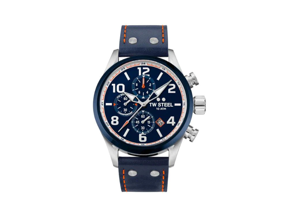 Montre à Quartz TW Steel WRC, Bleu, 48 mm, Bracelet en cuir, 10 atm, VS90