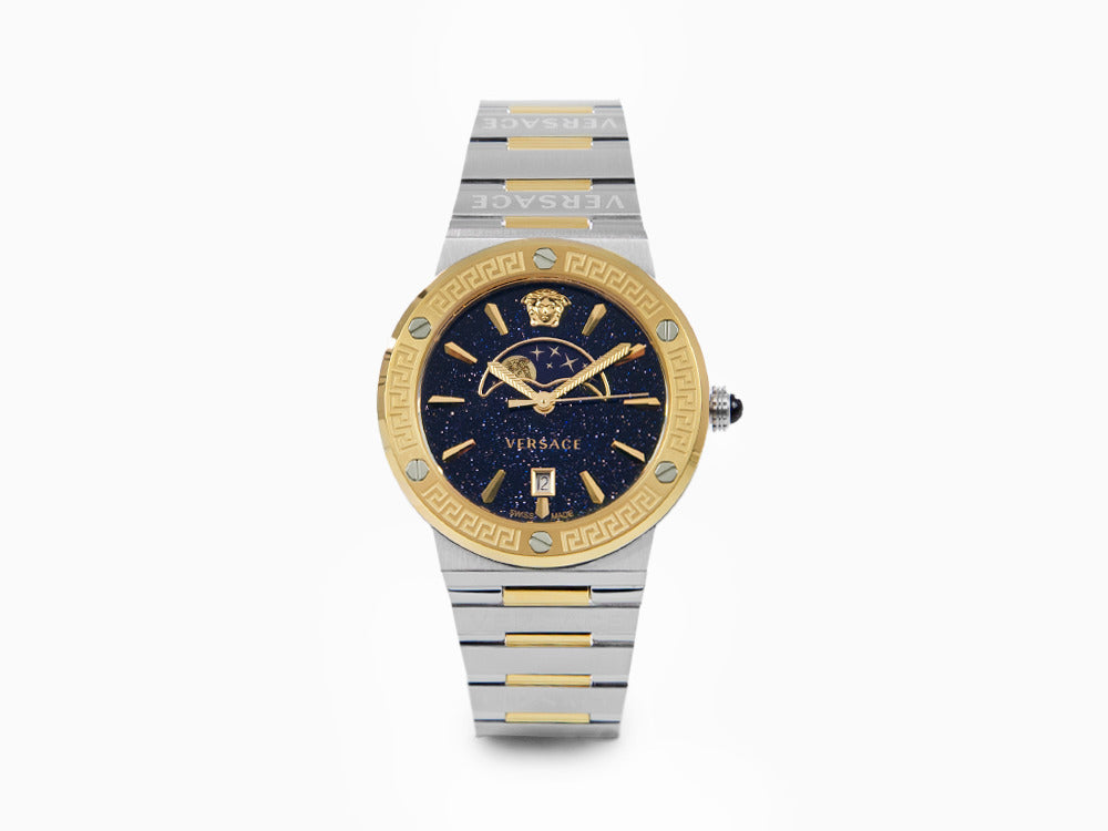 Montre à Quartz Versace Greca Logo Moonphase, PVD Or, Bleu, 38 mm, VE7G00223
