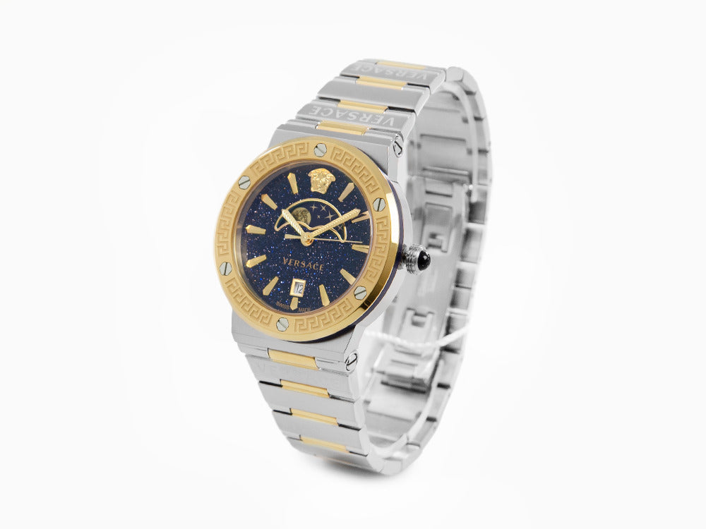 Montre à Quartz Versace Greca Logo Moonphase, PVD Or, Bleu, 38 mm, VE7G00223