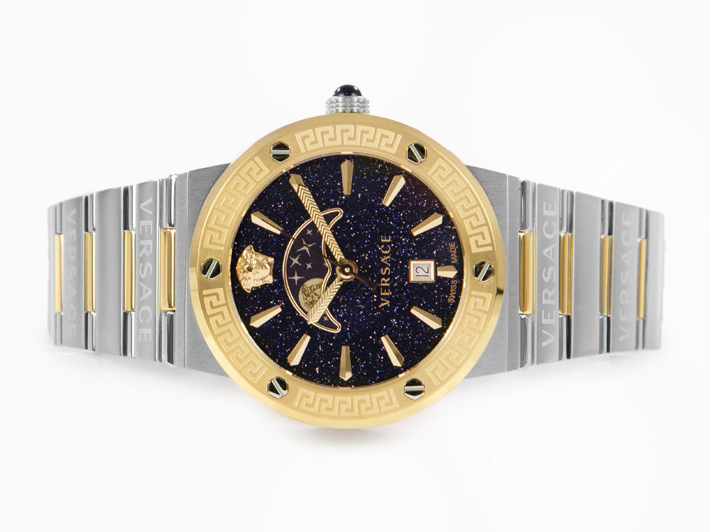 Montre à Quartz Versace Greca Logo Moonphase, PVD Or, Bleu, 38 mm, VE7G00223