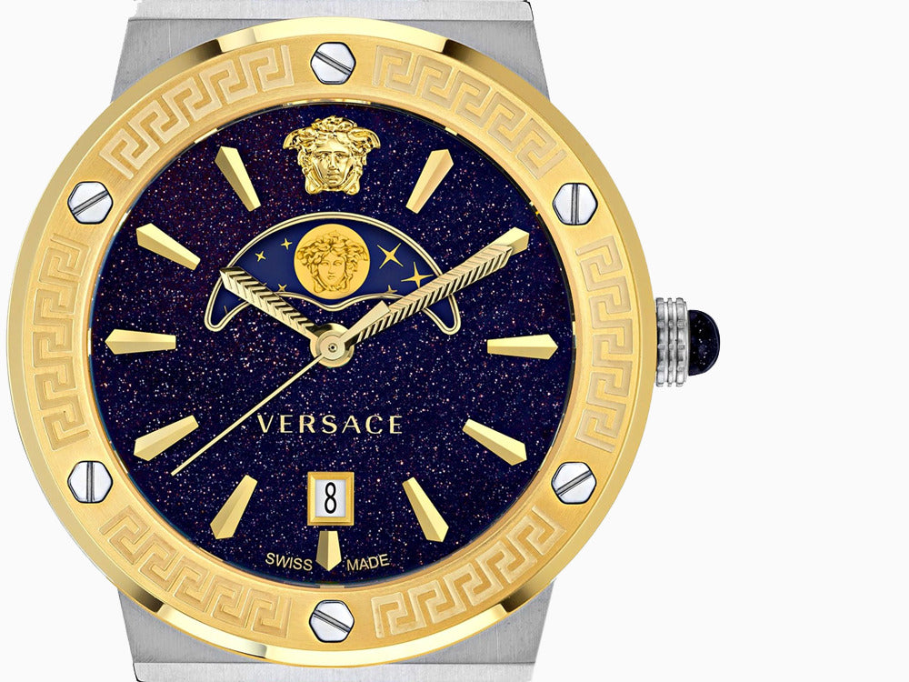Montre à Quartz Versace Greca Logo Moonphase, PVD Or, Bleu, 38 mm, VE7G00223