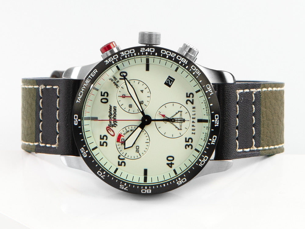 Montre à Quartz Zeppelin Eurofighter, Blanc, Jour, Bracelet en cuir, 7298-5