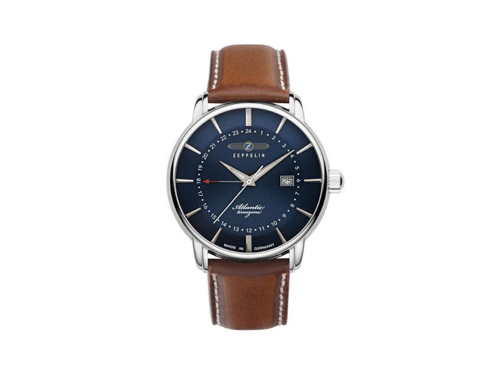 Montre à Quartz Zeppelin Atlantic, Bleu, 41 mm, Jour, Bracelet en cuir, 8442-3