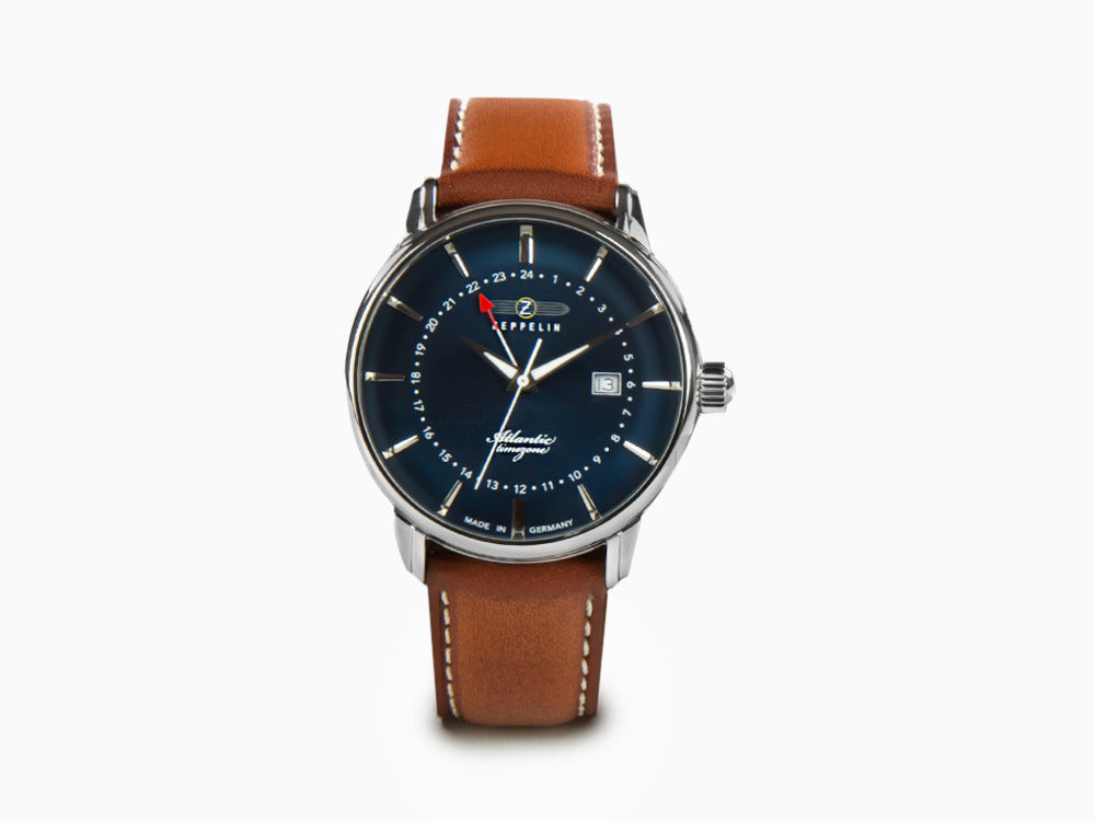 Montre à Quartz Zeppelin Atlantic, Bleu, 41 mm, Jour, Bracelet en cuir, 8442-3