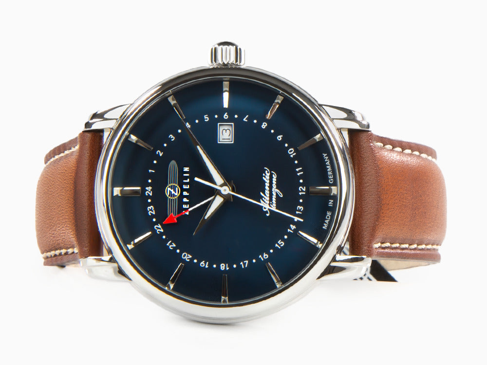 Montre à Quartz Zeppelin Atlantic, Bleu, 41 mm, Jour, Bracelet en cuir, 8442-3