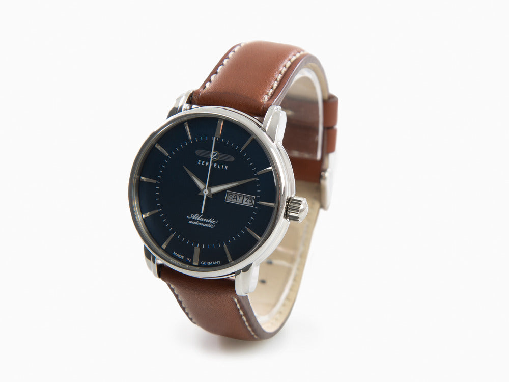 Montre Automatique Zeppelin Atlantic, Bleu, 41 mm, Jour et Date, Cuir, 8466-3