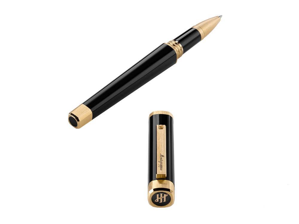 Roller Montegrappa Quattro, Résine Acrilique, Plaqué or, Noir, ISZ4IRIY