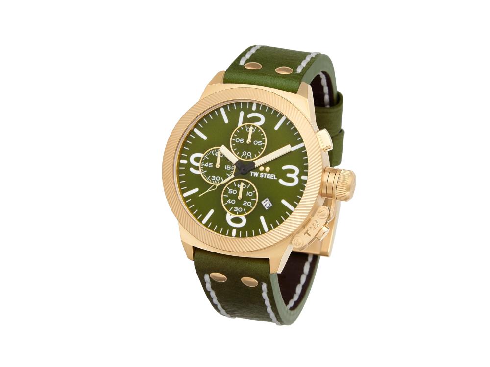 Montre à Quartz TW Steel Canteen, Vert, 45 mm, Bracelet en cuir, 10 atm, CS108