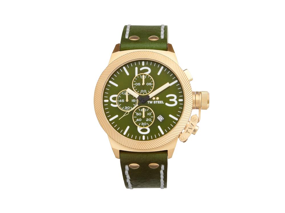 Montre à Quartz TW Steel Canteen, Vert, 45 mm, Bracelet en cuir, 10 atm, CS108