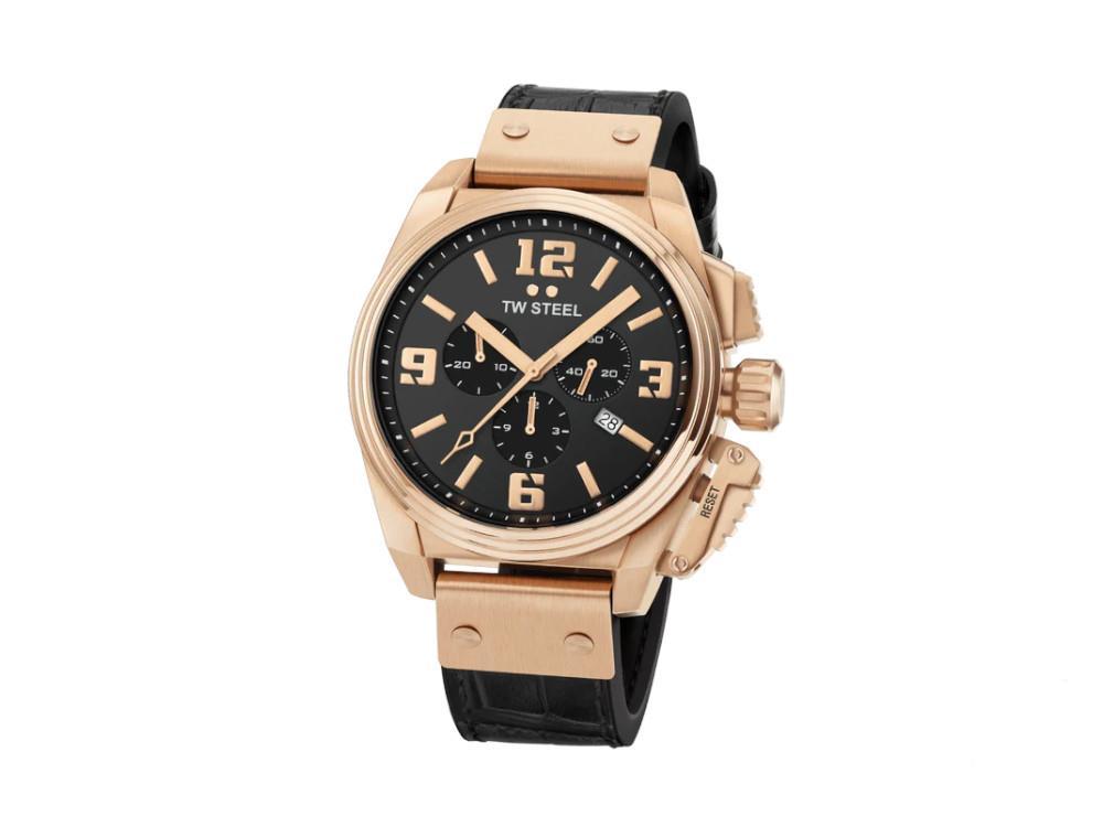 Montre à Quartz TW Steel Canteen, Noir, 46 mm, Bracelet en cuir, 10 atm, TW1014