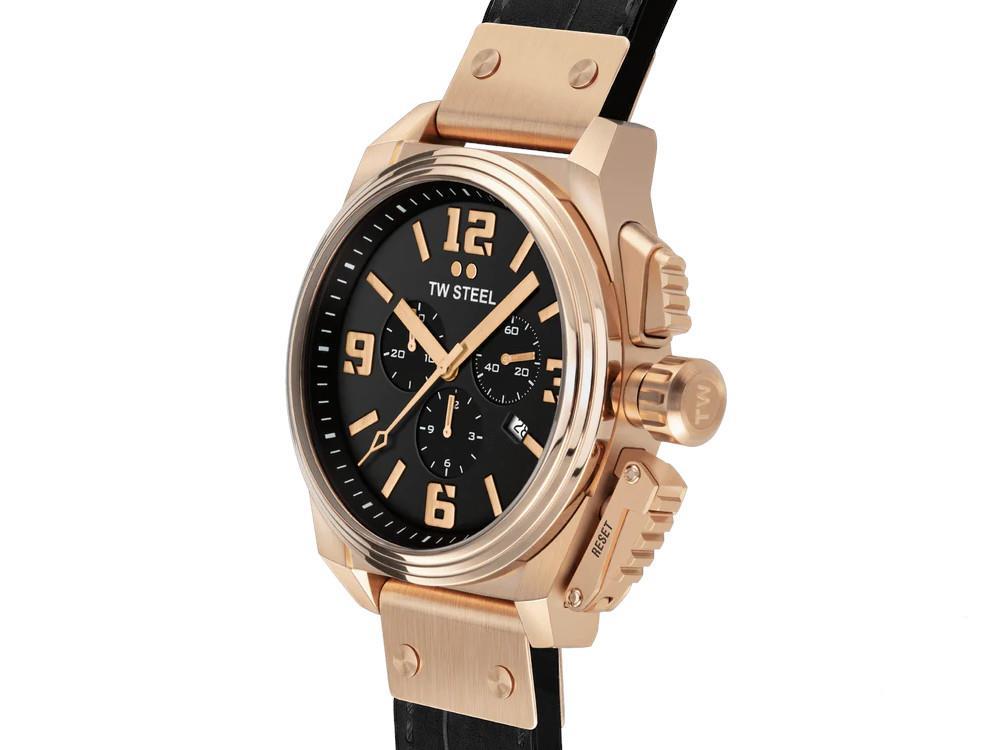 Montre à Quartz TW Steel Canteen, Noir, 46 mm, Bracelet en cuir, 10 atm, TW1014