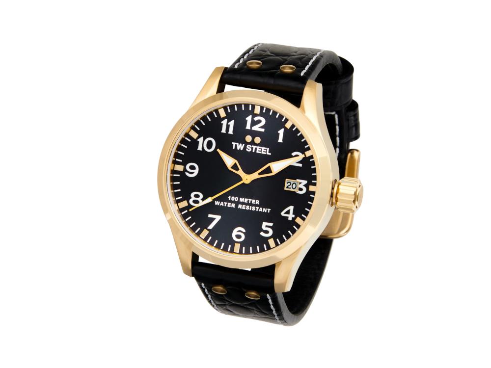 Montre à Quartz TW Steel Volante, Noir, 45 mm, Bracelet en cuir, 10 atm, VS104