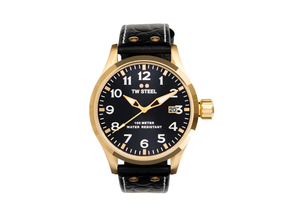 Montre à Quartz TW Steel Volante, Noir, 45 mm, Bracelet en cuir, 10 atm, VS104
