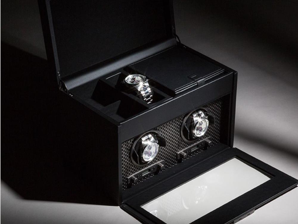 Remontoir WOLF Axis, 2 Montres, Noir, Cuir Vegan, 469303